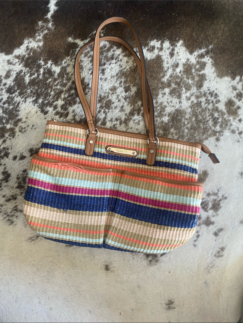 Rosetti Multicolor Striped Tote with Tan Handles